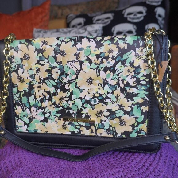 Steve Madden Womens Black And Multi Colored Floral Faux Leather With Chain Purse - Picture 1 of 9
